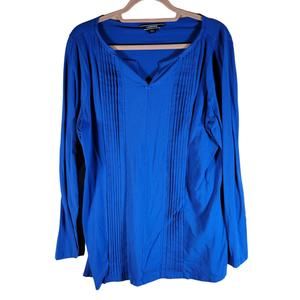 Lands' End Blue V Neck Pleated Long Sleeve Tunic Women Size L